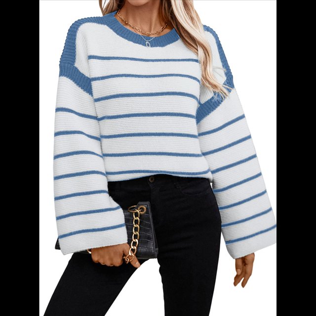 Suéter de Rayas Extragrande para Mujer, Cuello Redondo, Mangas Largas, Moda de Otoño 2025. Azul S