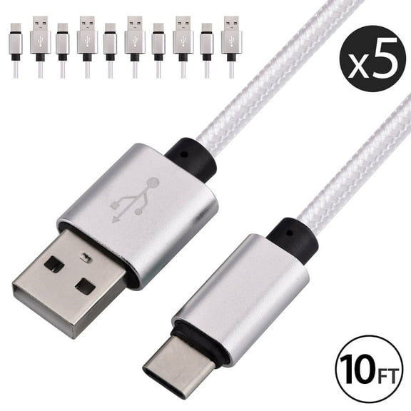 5x 10FT USB Type C Cable Fast Charging Cable USB-C Type-C 3.1 Data Sync Charger Cable Cord For Samsung Galaxy S9 S9  Galaxy S8 S8 Plus Nexus 5X 6P OnePlus 2 3 LG G5 G6 V20 HTC M10 Google Pixel XL