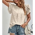 thumbnail image 3 of Women Round Neck Top Pleated Neckline Short Petal Sleeves Jacquard Fabric Casual Summer T Shirt Apricot M, 3 of 8