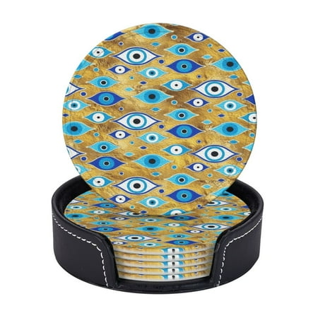 

Greek Mati Mataki - Matiasma Evil Eye Pattern Coasters With Leather Holder Set Of 6 Round Coasters for Home and Kitchen Decor