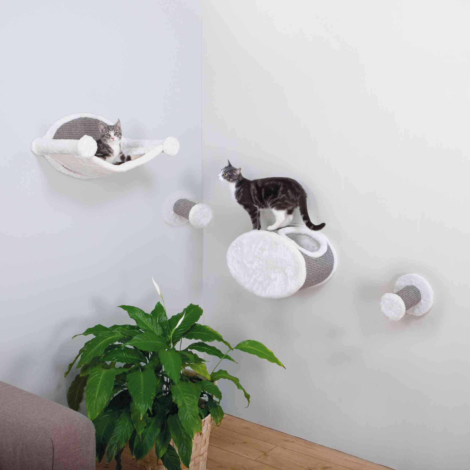 TRIXIE Plush & Sisal Cover Cat Perch with Steps Hammock & Condo, 4 Piece Set, Gray-White