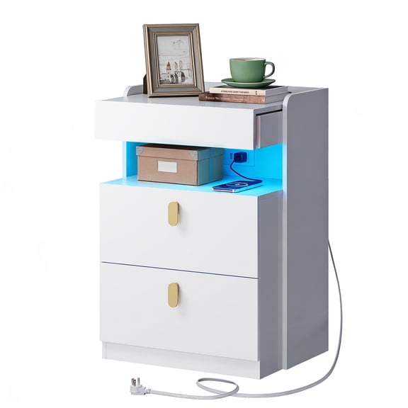 GALAXHERO 2 Drawer Nightstand with Charging Station and LED Lights, Modern Bedside Tables with Sliding Top for Bedroom, Wood End Table for Living Room, White