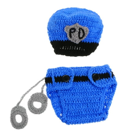 Newborn for Police Design Photography Photo Props Infant Toddler Costume Outfit Handmade Crochet Hat Diaper Set