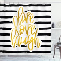 Live Laugh Love Shower Curtain, Romantic Design with Hand Drawn Stripes and Calligraphic Text, Fabric Bathroom Set with Hooks, 69W X 70L Inches, Black White Earth Yellow, by Ambesonne
