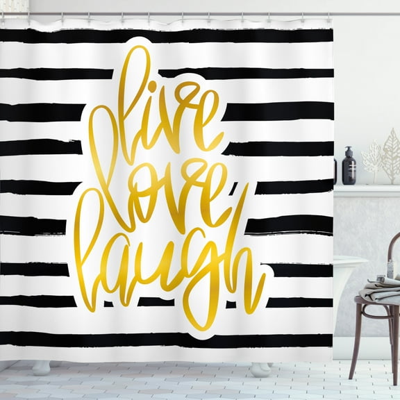 Live Laugh Love Shower Curtain, Romantic Design with Hand Drawn Stripes and Calligraphic Text, Fabric Bathroom Set with Hooks, 69W X 70L Inches, Black White Earth Yellow, by Ambesonne