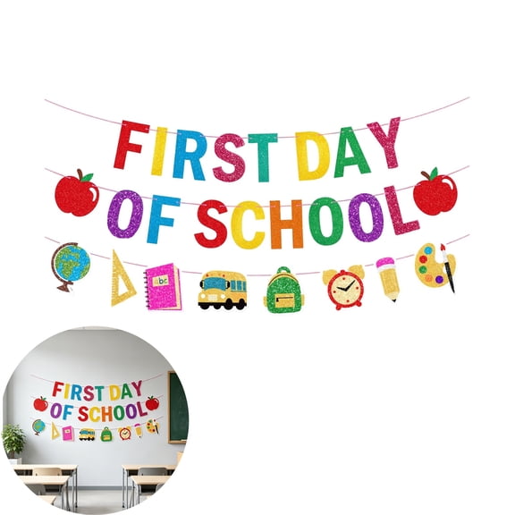 Qocolcyl Under 5 Dollar First Day of Classroom Glitter Banner, Paper Garland, Colorful Classroom Decor with Campus Theme, Adjustable Hanging String for School Opening & Party Decoration