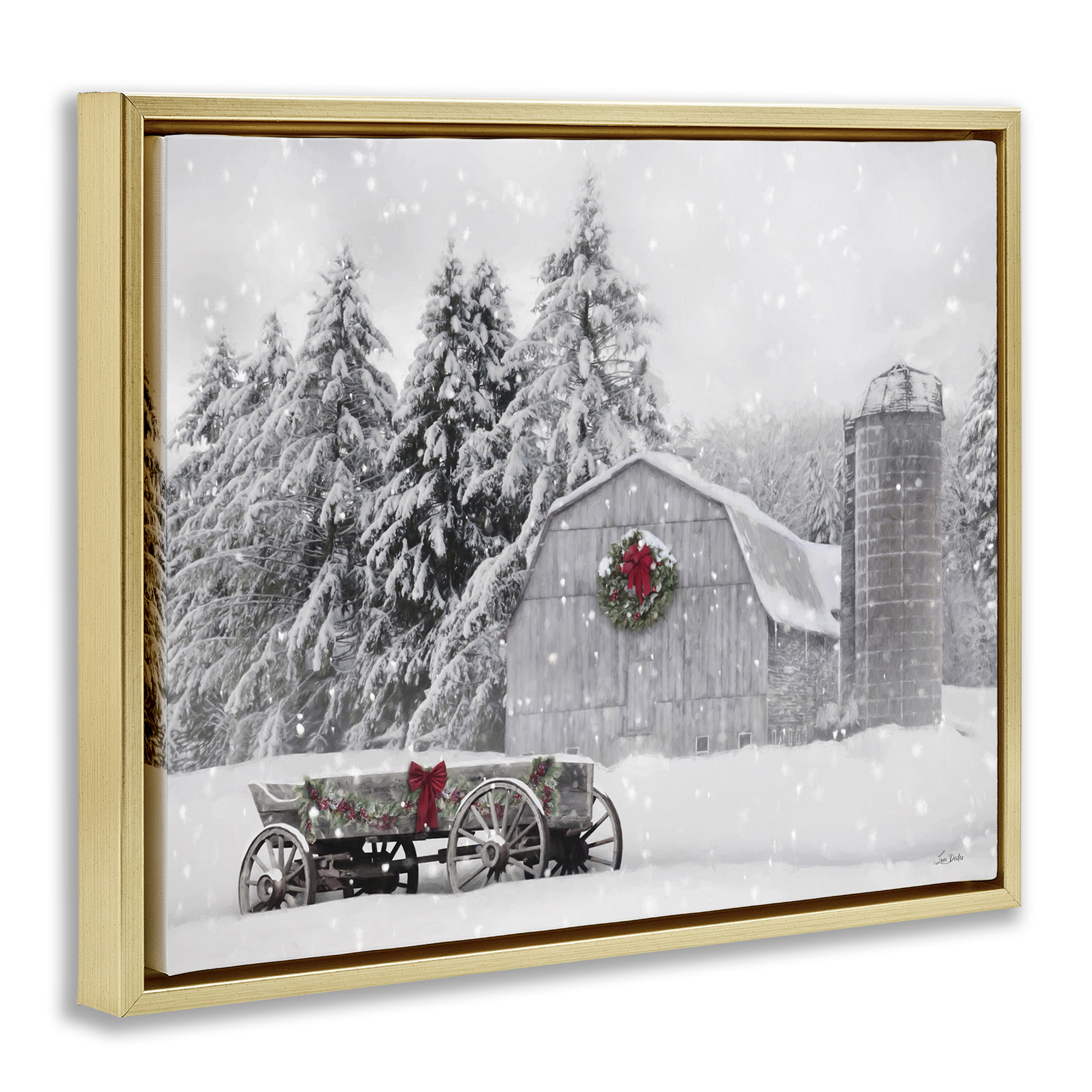 Stupell Industries Snow Covered Farmland Holiday Painting Gold Floater Framed Canvas Art Prints Wall Art, 31 x 25