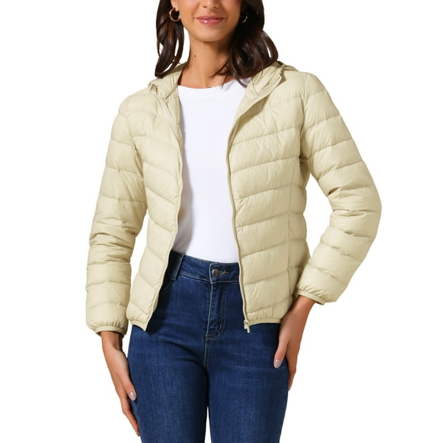 Abrigo corto de plumas para mujer INSPIRE CHIC, ligero y empaquetable, con capucha, invierno, color blanco albaricoque, talla XL