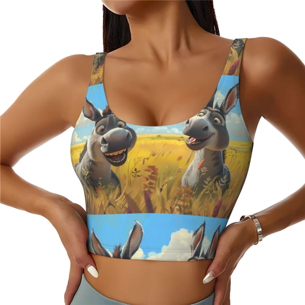 Fotbe Funny Countryside Donkey Sujetador Deportivo Largo sin Aros para Mujer con Almohadillas y Soporte Medio, Transpirable y Absorbente, Camiseta Tipo Chaleco o Tank Top-Large