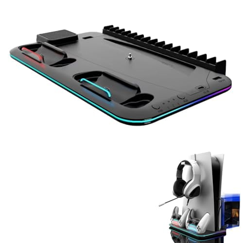 For PS5 Slim Pro Cooling Stand with Controller Charger, Game Disc Holder & Headset Rack, Multi-Functional Vertical Docking Station for PlayStation 5 Console Accessories