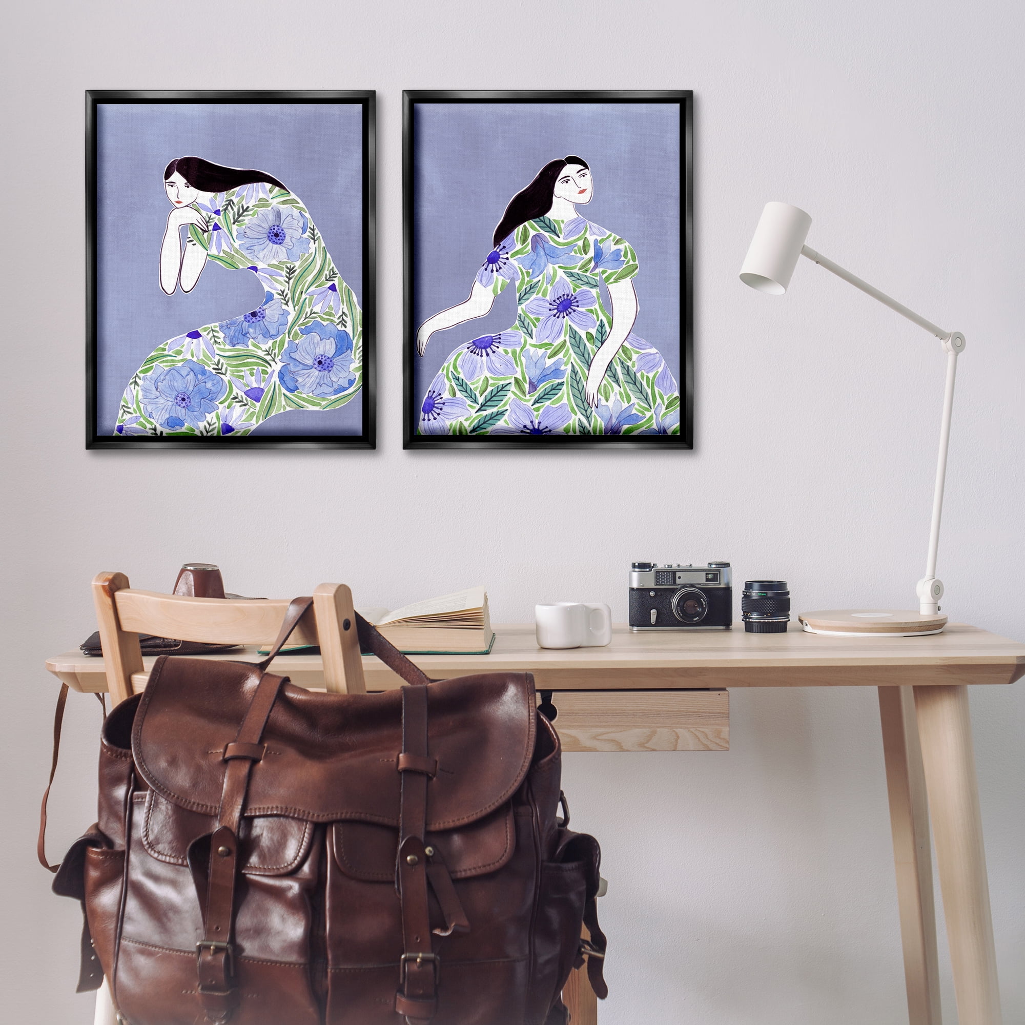 Stupell Industries Floral Women on Purple People Painting Black Floater Framed Canvas Art Print Wall Art, 31 x 25, Set of 2