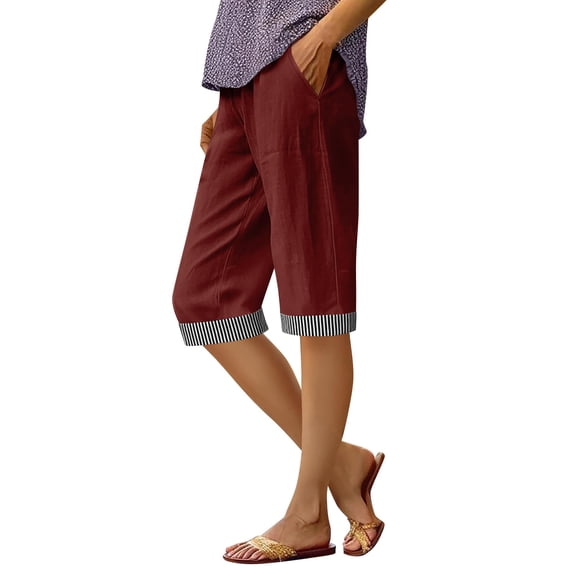 yeiolnoer Women's Cotton Linen Capri Pants Wide Leg Casual Cropped Pants Loose Beach Vacation Pants with Pockets