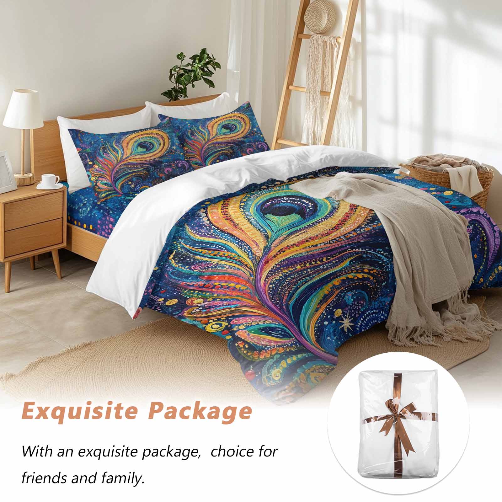 Abstract Peacock Feathers Duvet Cover Set King Size, Blue Ombre 4 Piece Soft Microfiber Bedding Set with 1 Duvet Cover, 1 Flat Sheet, 2 Pillowcases