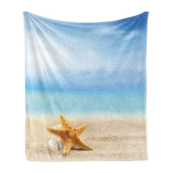 Starfish Soft Flannel Fleece Blanket, Scallop Seashell and Starfish Close up Sandy Beach Idyllic Ocean Backdrop Design, Cozy Plush for Indoor and Outdoor Use, 70" x 90", Multicolor, by Ambesonne