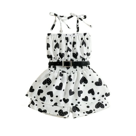 

Musuos Toddler Girl Sleeveless Short Playsuit Heart Printed Tie Up Pleated Sling Romper with Belt Casual Sweet Style Jumpsuit