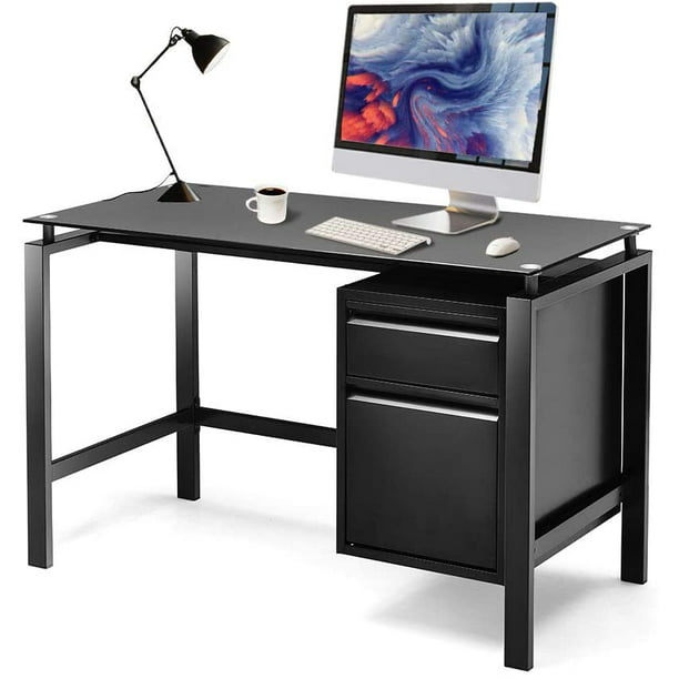 Home Office Desk Writing Computer Desks Black Glass Top W Drawers Walmart Com Walmart Com