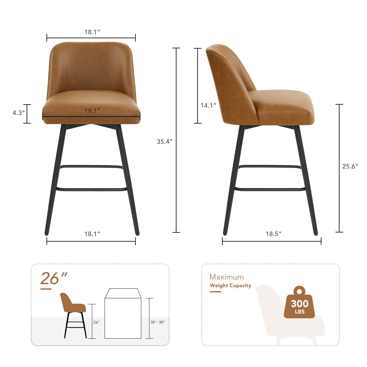 Modern Bar Stools Set of 4, 26" H Swivel Counter Height Barstools with High Backs, Kitchen Island Stools, For Bar & Home,Faux Leather, Brown