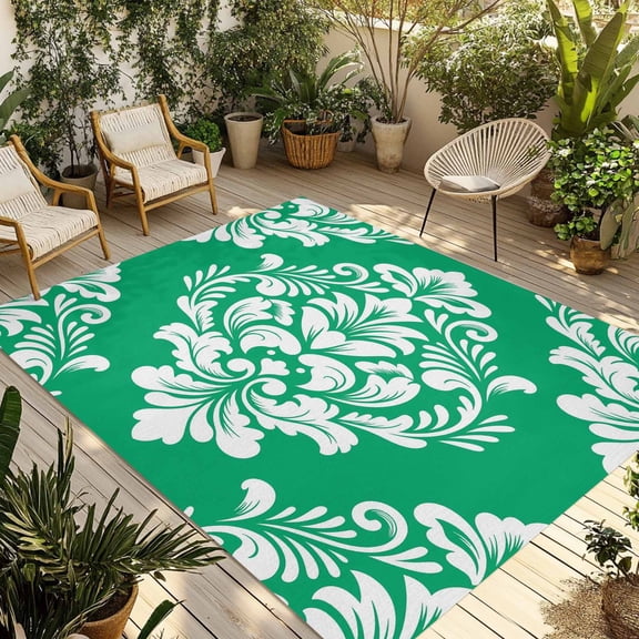 Green Luxurious Floral Outdoor Area Rug 3x5ft Decorative Indoor Outdoor Rug Classic Damask Abstract Art Patio Area Rug for Porch, Deck, Balcony, Entryway, Camping & RV