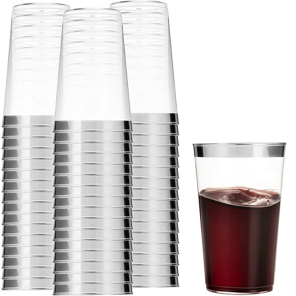 Munfix 100 Silver Plastic Cups 14 Oz Clear Plastic Cups Tumblers Silver Rimmed Cups Fancy Disposable Wedding Cups Elegant Party Cups with Silver Rim