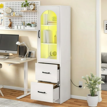 Uforic 69" Wood File Cabinet with LED Light & Glass Door, Tall Filing Cabinet with Bookshelf & 2 Drawer, Storage Cabinet for Home Office, White