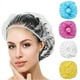 thumbnail image 1 of Paquete de 100 gorros de baño desechables de plástico, gorro para teñir el cabello con aceite, gorro para ducha con tiras para champú, 1 of 5