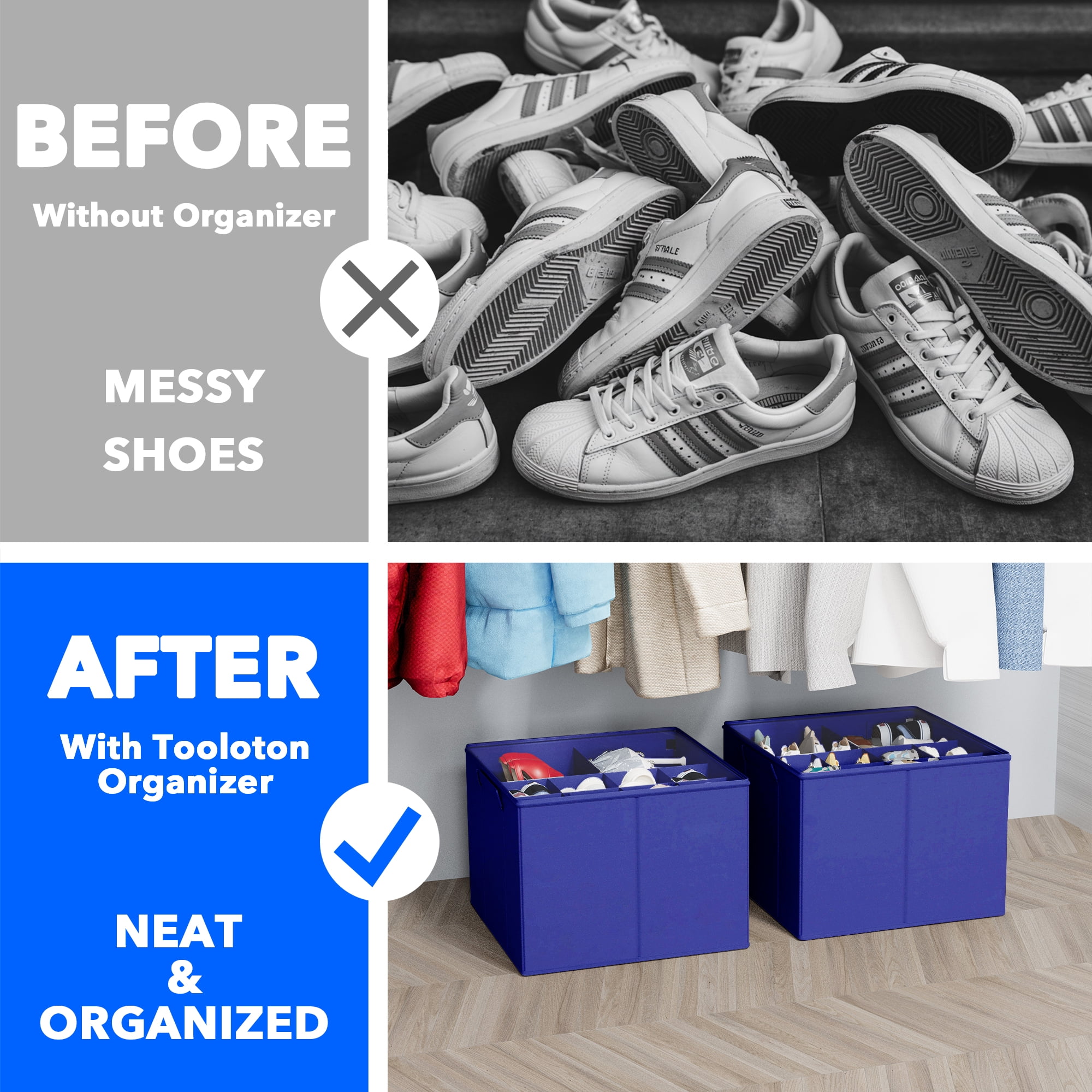 Tooloton Shoe Organizer for Closet, 2 Pack, Fits 16-32 Pairs, Blue