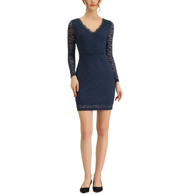 INSPIRE CHIC Robe Mini Moulante à Manches Longues en Dentelle pour Femme, Bleu Marine, Très Grande Taille