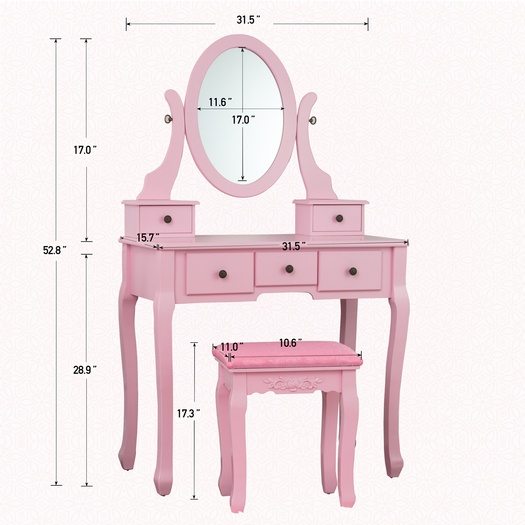 White Fineboard Fb Vt07 Bkn Single Mirror Dressing Set Five Organization Drawers Vanity Table With Wooden Stool Black Magnic In