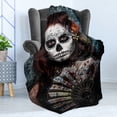 thumbnail image 4 of Day of the Dead Soft Flannel Fleece Throw Blanket, Make up Artist Girl Skull Scary Roses Artwork Print, Cozy Plush for Indoor and Outdoor Use, 60" x 80", Cadet Blue Maroon, by Ambesonne, 4 of 5