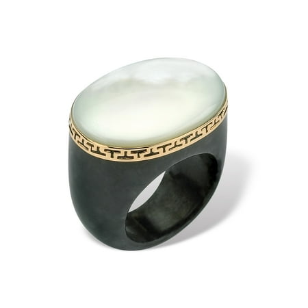- Oval-Shaped Mother-Of-Pearl Black Jade Greek Key Ring in 14k Gold