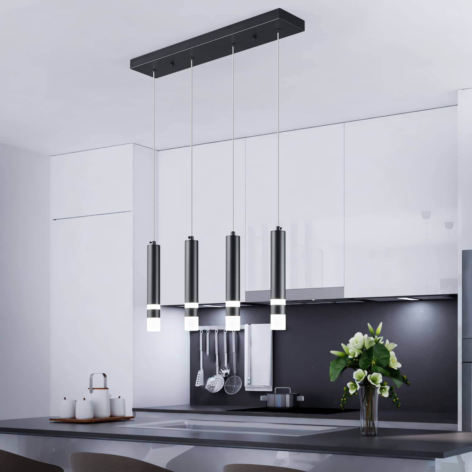 ZHLWIN 4-Light Dining Room Modern Pendant Light Kitchen Fixture Dimmable LED Black Mini Pendant Lighting for Kitchen Island Study Pendant Lights