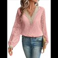 thumbnail image 2 of Blusas Elegantes e Informales con Cuello en V para Mujer, Blusas de Encaje de Larga, Blusas Tipo Túnica de Jacquard A para Otoño. Rosa M, 2 of 9