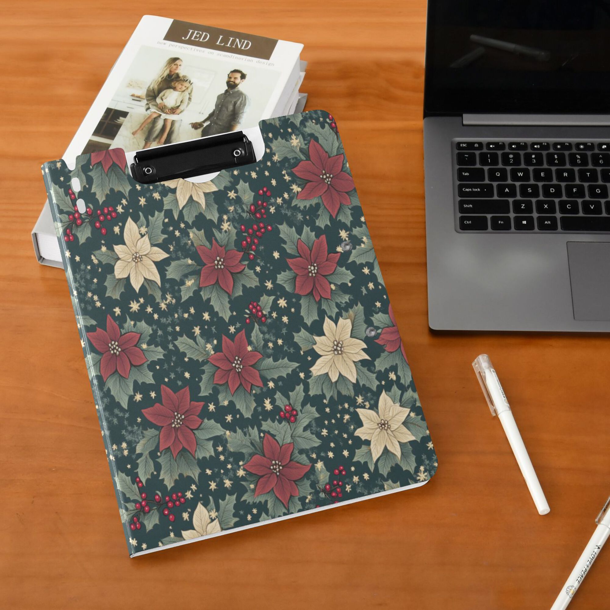 FORMRS A4 Clipboard Folder with Pen Holder Horizontal Foldable School Office Binder, Christmas Holly Leaves