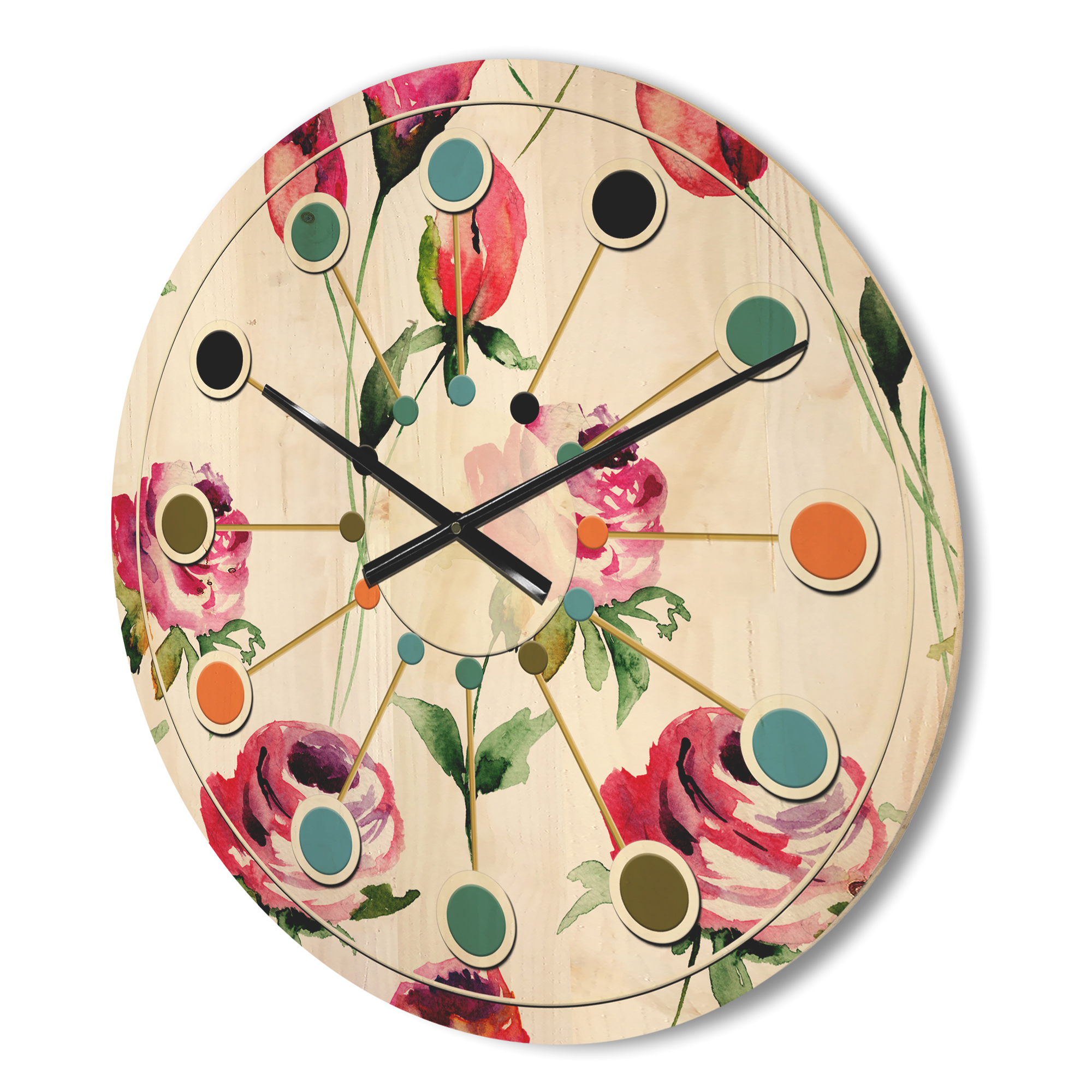 Designart 'Roses Flowers Pattern On White' Mid-Century Modern Wood Wall Clock