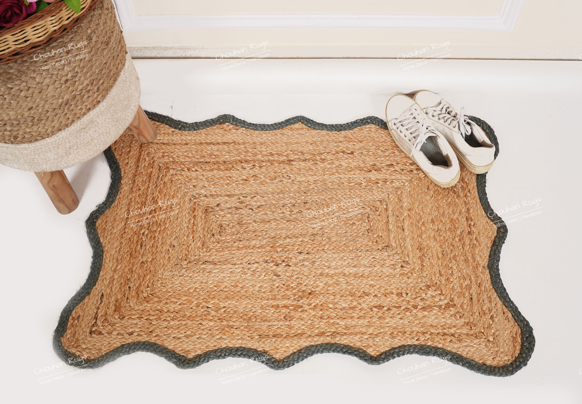 Rectangle Rug Natural Jute Rug Hand Braided Beige and Gray Color Area Rug