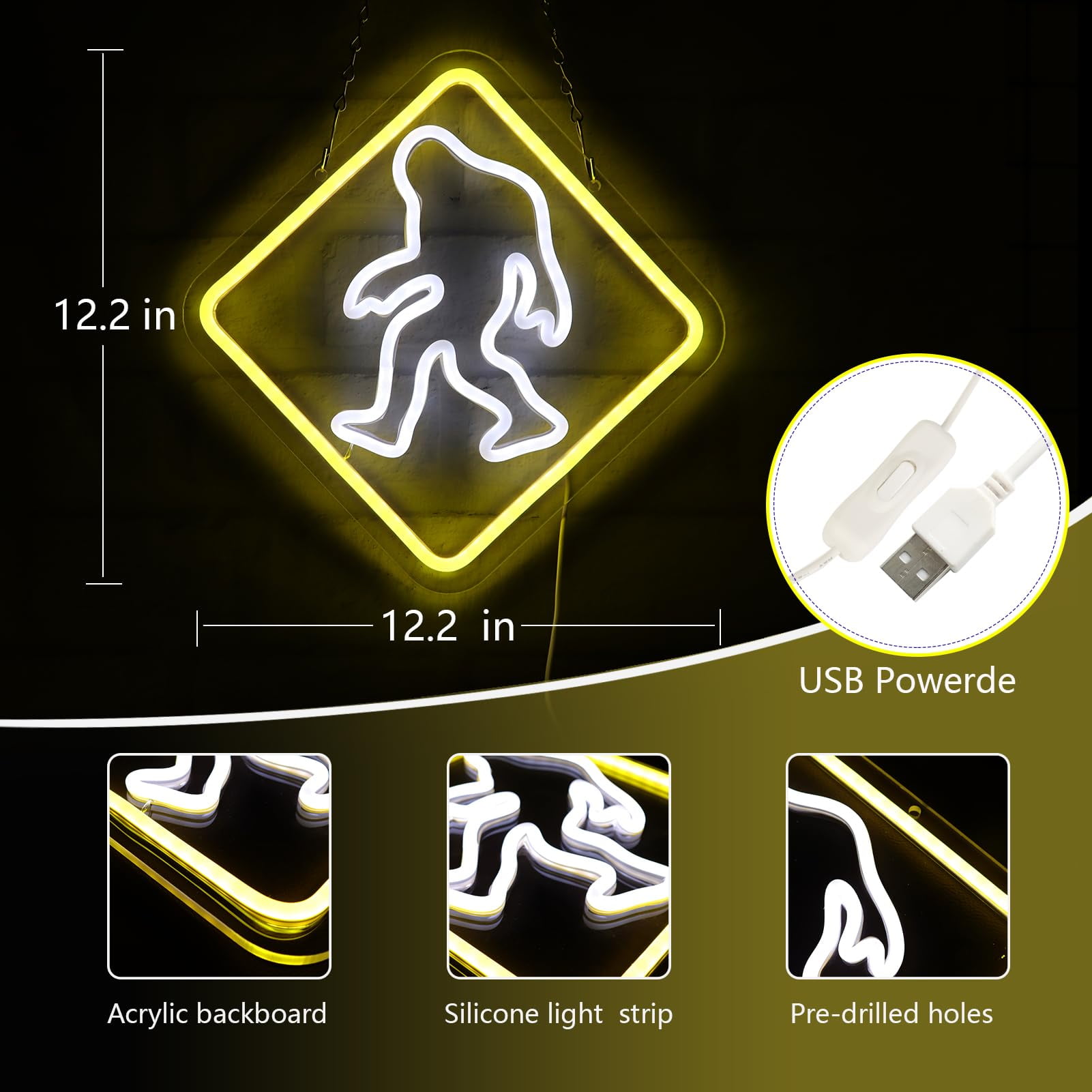 Bigfoot Warning Neon Sign LED Yellow White Light USB Powered Wall Decor Lamp for Gaming Room Creative Space