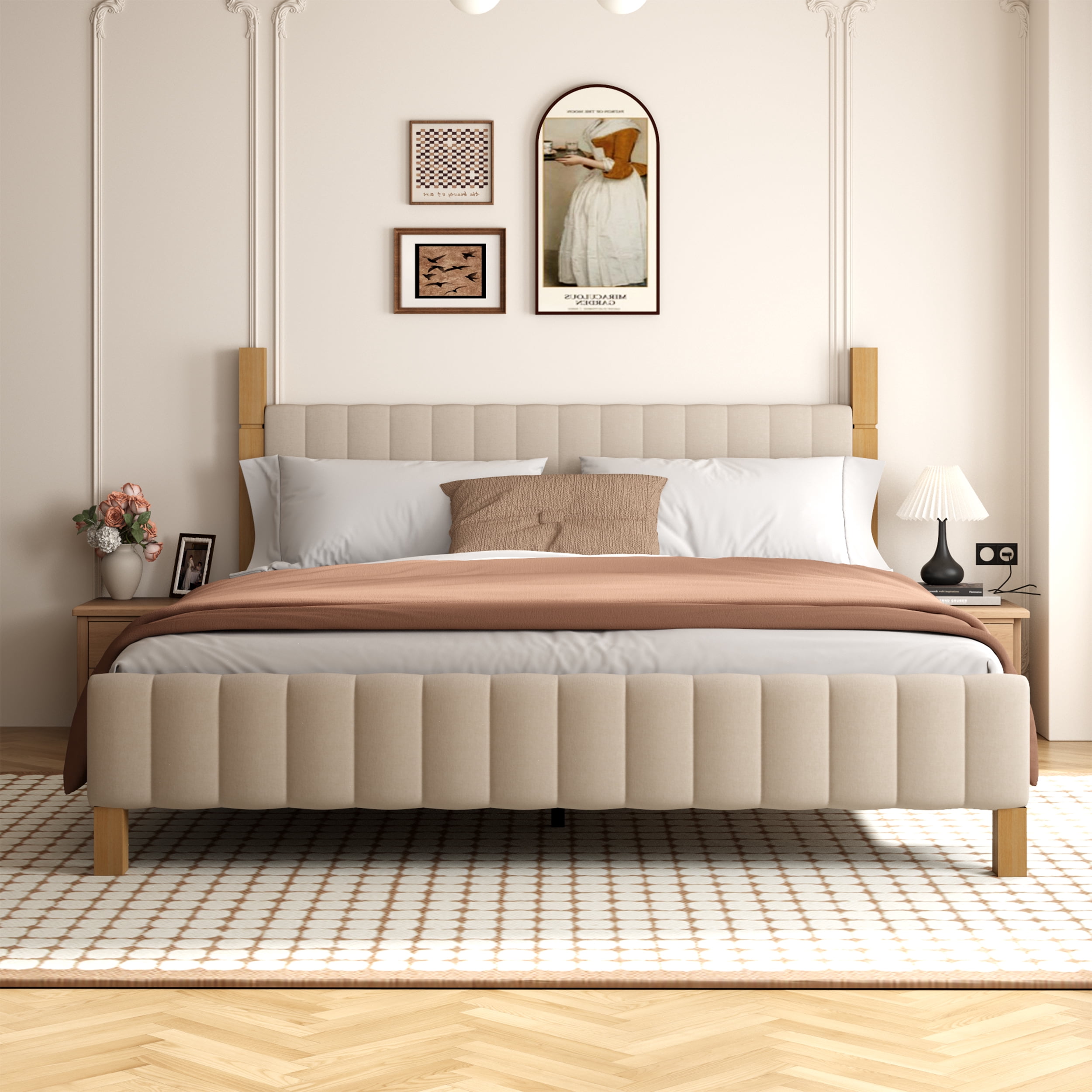 Brafabhome King Bed Frame with Upholstered Headboard, Modern Wood Bed Frame with Solid Wood Posts, No Box Spring Needed, Beige Linen