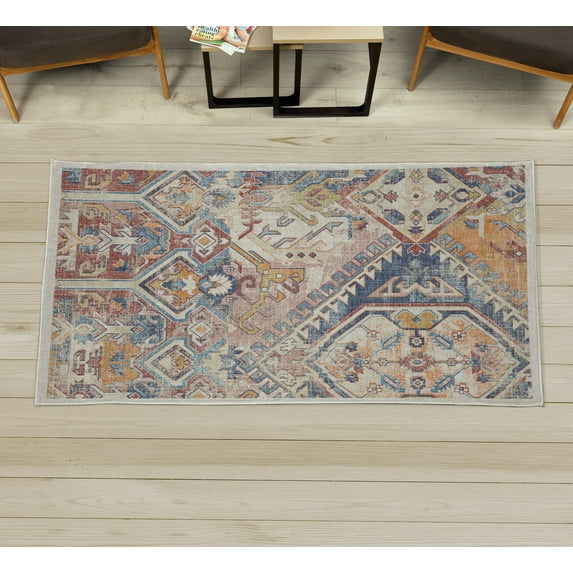 Ethnic Decorative Rug, Grunge Themed Abstract Artwork of Traditional Tribal Shapes and Ornaments, Quality Carpet for Bedroom Dorm and Living Room, 6 Sizes, Orange Rust and Blue, by Ambesonne