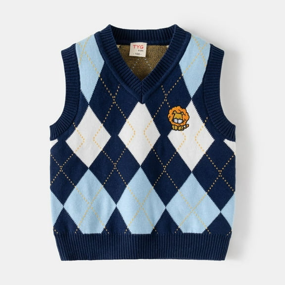 fnnxnal Kids Sweater Vest Boys: Cotton Knit Printed Sleeveless Round Neck Warm Layering Vest, Navy, Size 4 T for Boys Kids, Fall Winter
