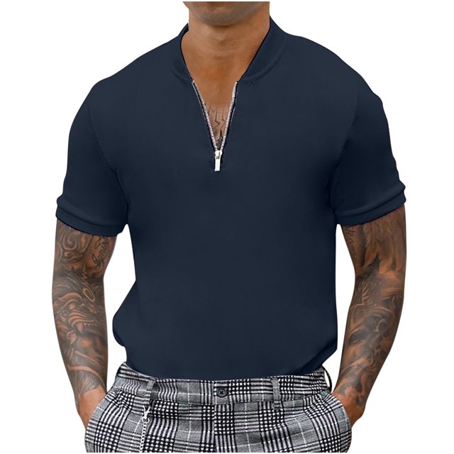 Birdeem Mode Homme Décontractée Col Montant Solide Chandail à Fermeture Éclair Manches Courtes Blouse