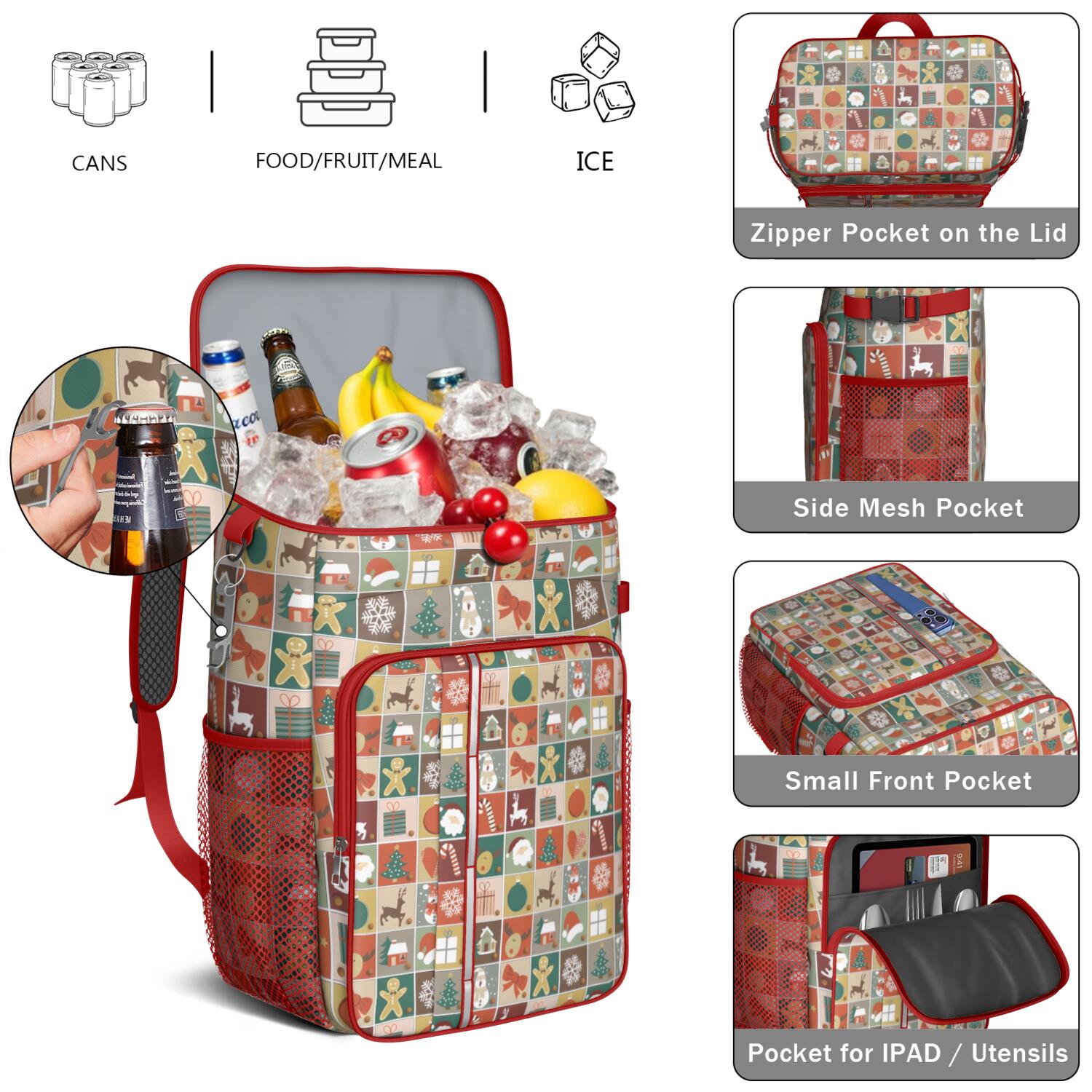 Travel Cooler Bag - Multicolor Christmas Pattern Camping Beer Cooler Backpack with Bottle Opener- Waterproof Insulated Picnic Backpacks - Cooler Bag for Beach