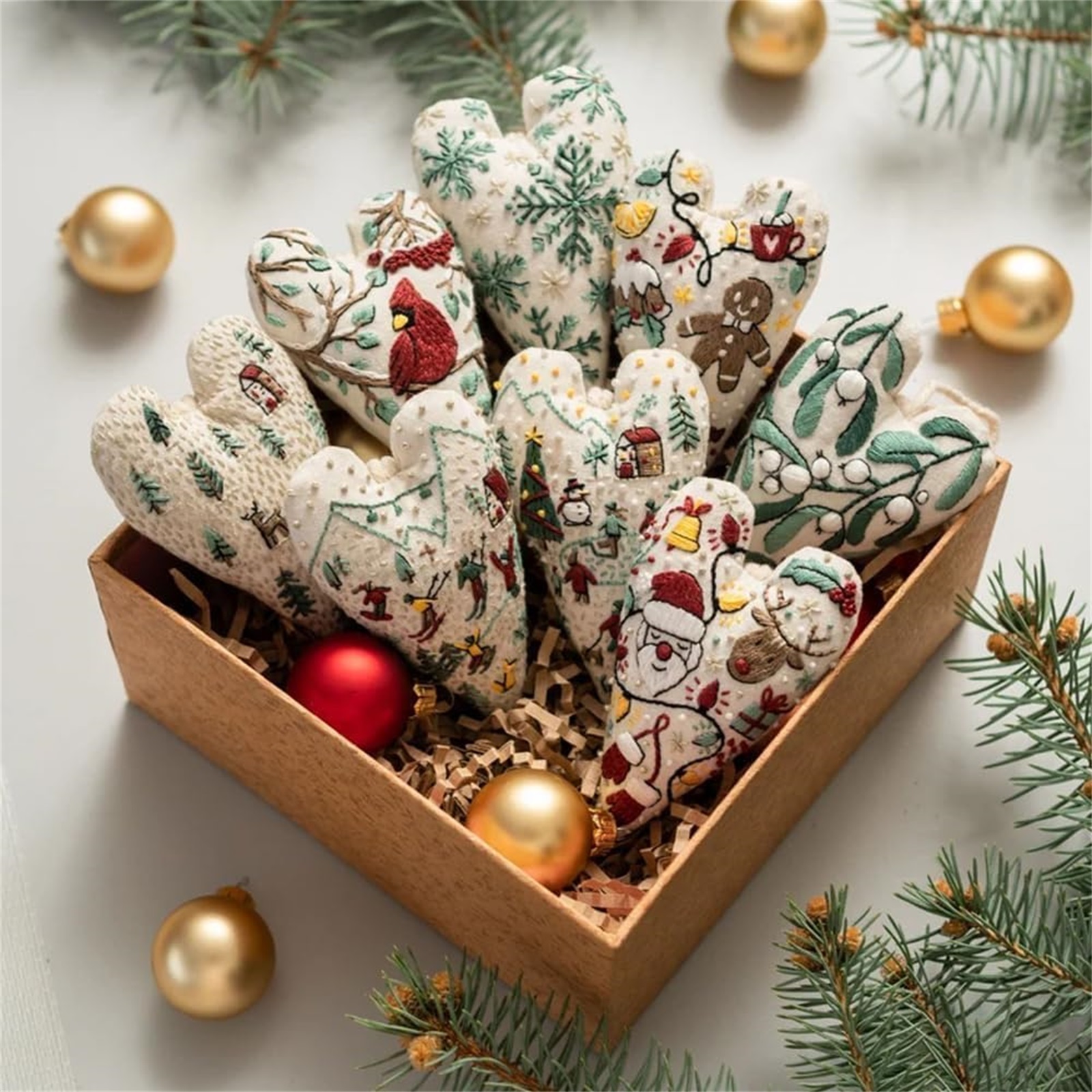 Embroidery Christmas Ornament Kits, Hand Embroidery Tree Hanging Ornament, DIY Heart Embroidery Christmas Decoration Cross Stitch Kit with Needles