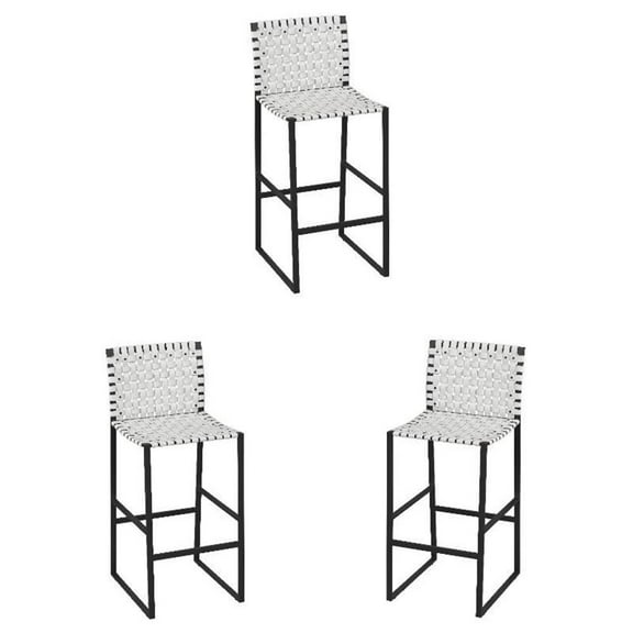 Home Square 28" Woven Leather Rectangular Barstool in White - Set of 3