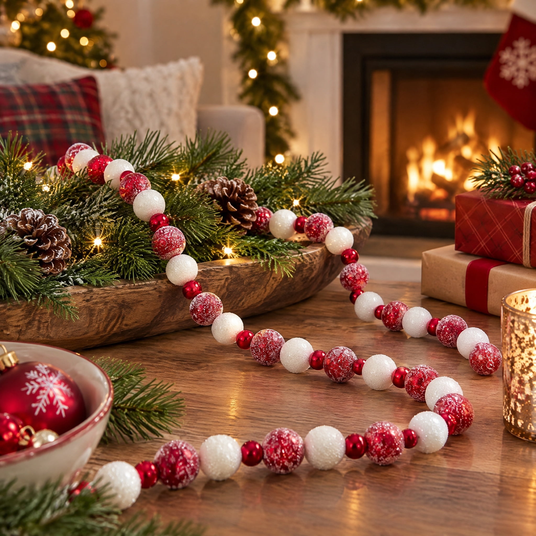 Plastic Frosted Bead Mini Christmas Garland, Red and White, 4', by Holiday Time