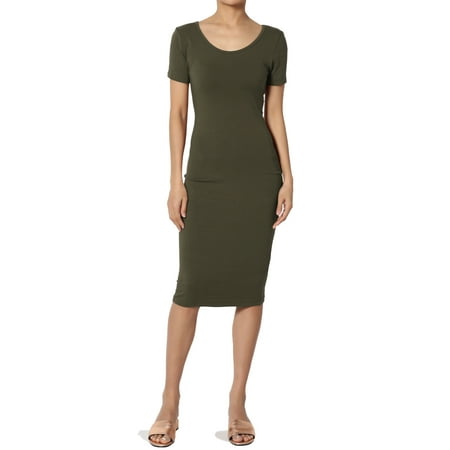 Curvy Jersey Scoop Neck Dress - TheMogan Women's Short Sleeve Scoop Neck Stretch Cotton Jersey Bodycon Midi Tank Dress