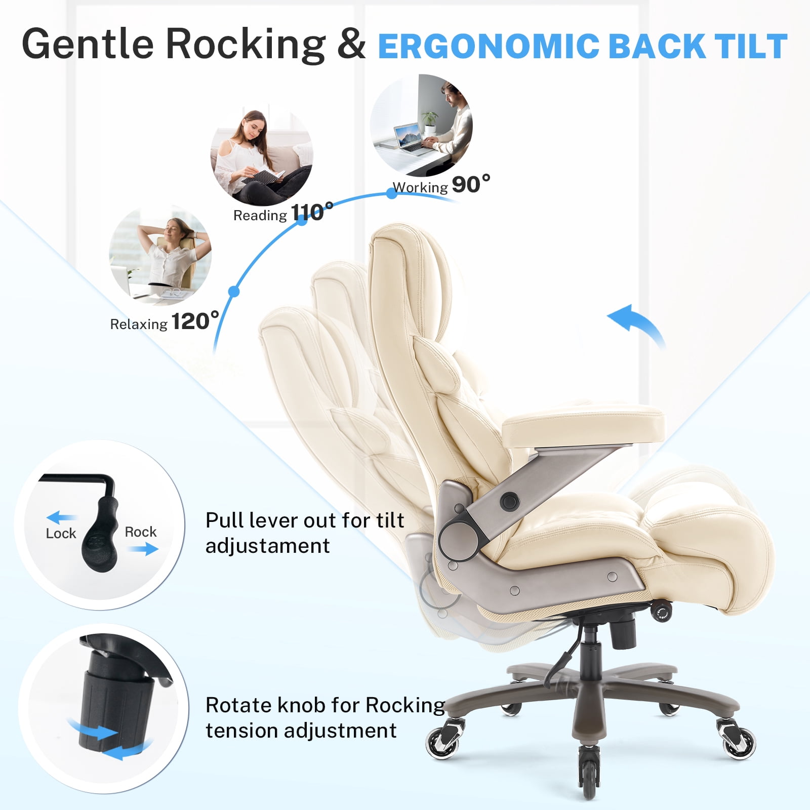 Big and Tall Office Chair 500lbs, Large High Back Executive Chair with Extra Wide Seat, Heavy Duty Computer Desk Chair, 3D Flip Arms, Adjustable Lumbar Support, Beige