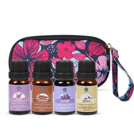 Lagunamoon Essential Oils Gift Set For Massage & Personal Care,Top 4 Premium Therapeutic Aromatherapy Oil Kit With Carry Case Holiday Joy Blend Clove Vanilla Cinnamon Lavender