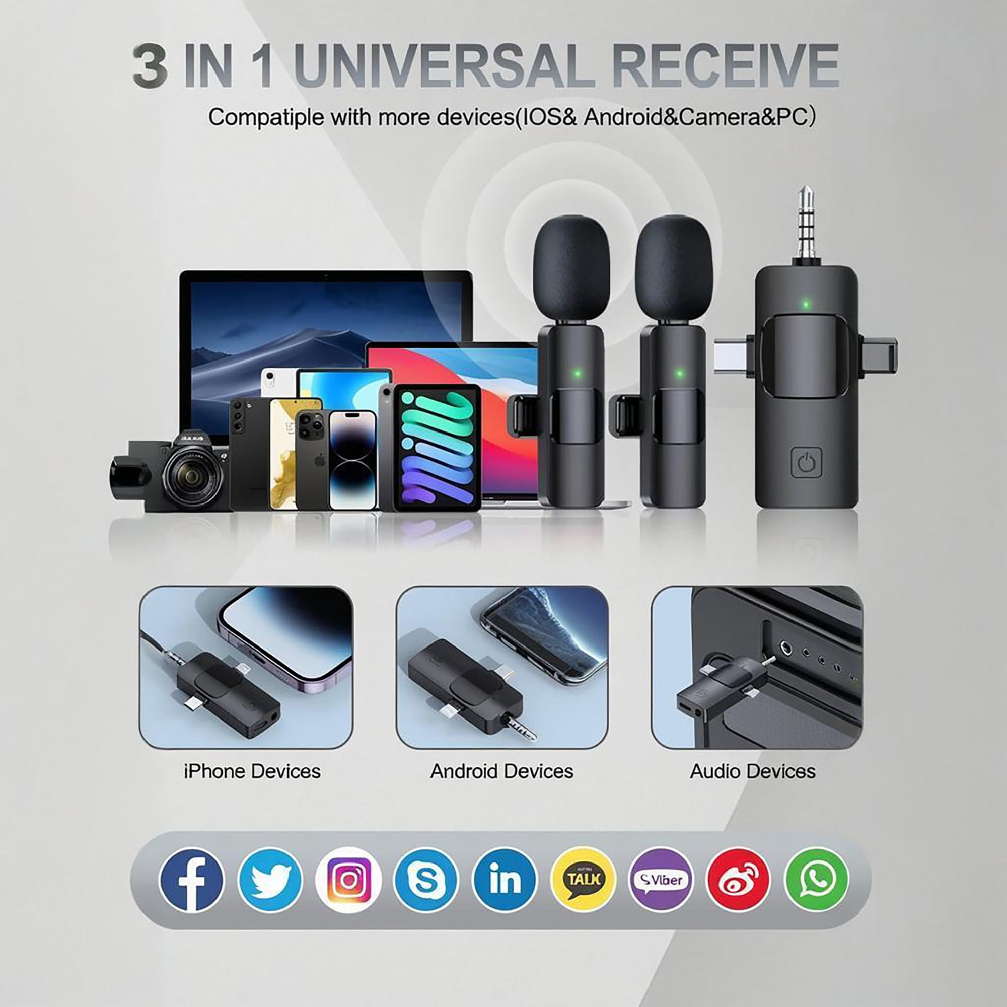 3-in-1 Wireless Lavalier Microphone Compatible for iPhone, Android, PC & Camera, Plug & Play Clip-on Mic with Clear Sound for Gaming, Live Streaming,Youtube,Tiktok & Recording