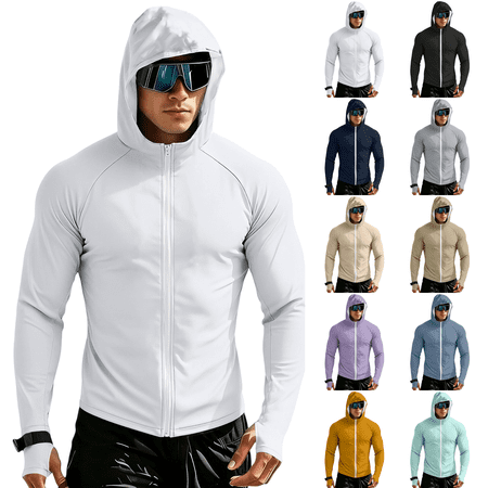 Men s UPF 50+ Sun Protection Outdoor Lightweight Full Zip Hoodie Jacket Long Sleeve Thumb Hole Fishing Hiking Performance Shirt White 3XL