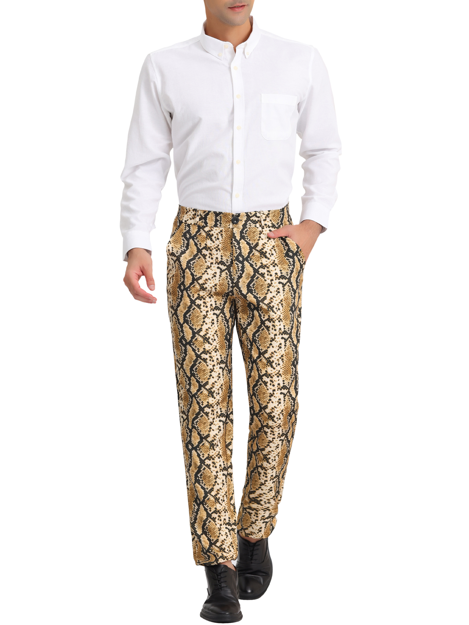 Unique Bargains Men's Animal Printed Flat Front Zipper Closure Party Prom Dress Pants 28 Snake Print